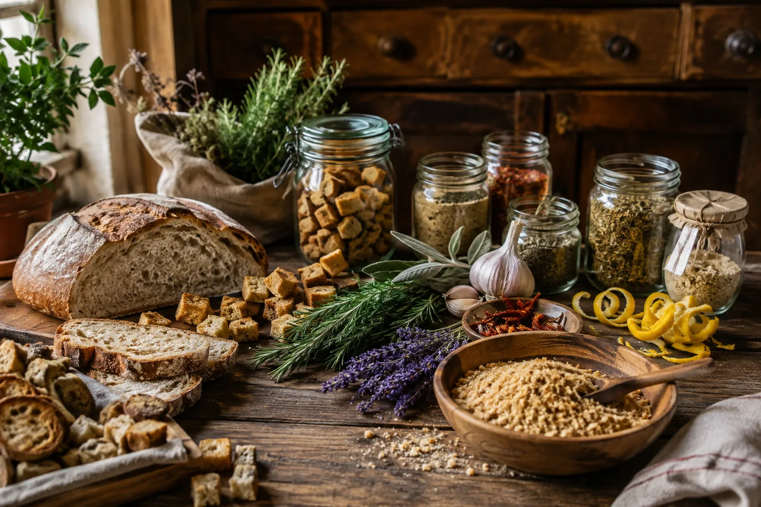 Pane, erbe e spezie nella dispensa che trasforma