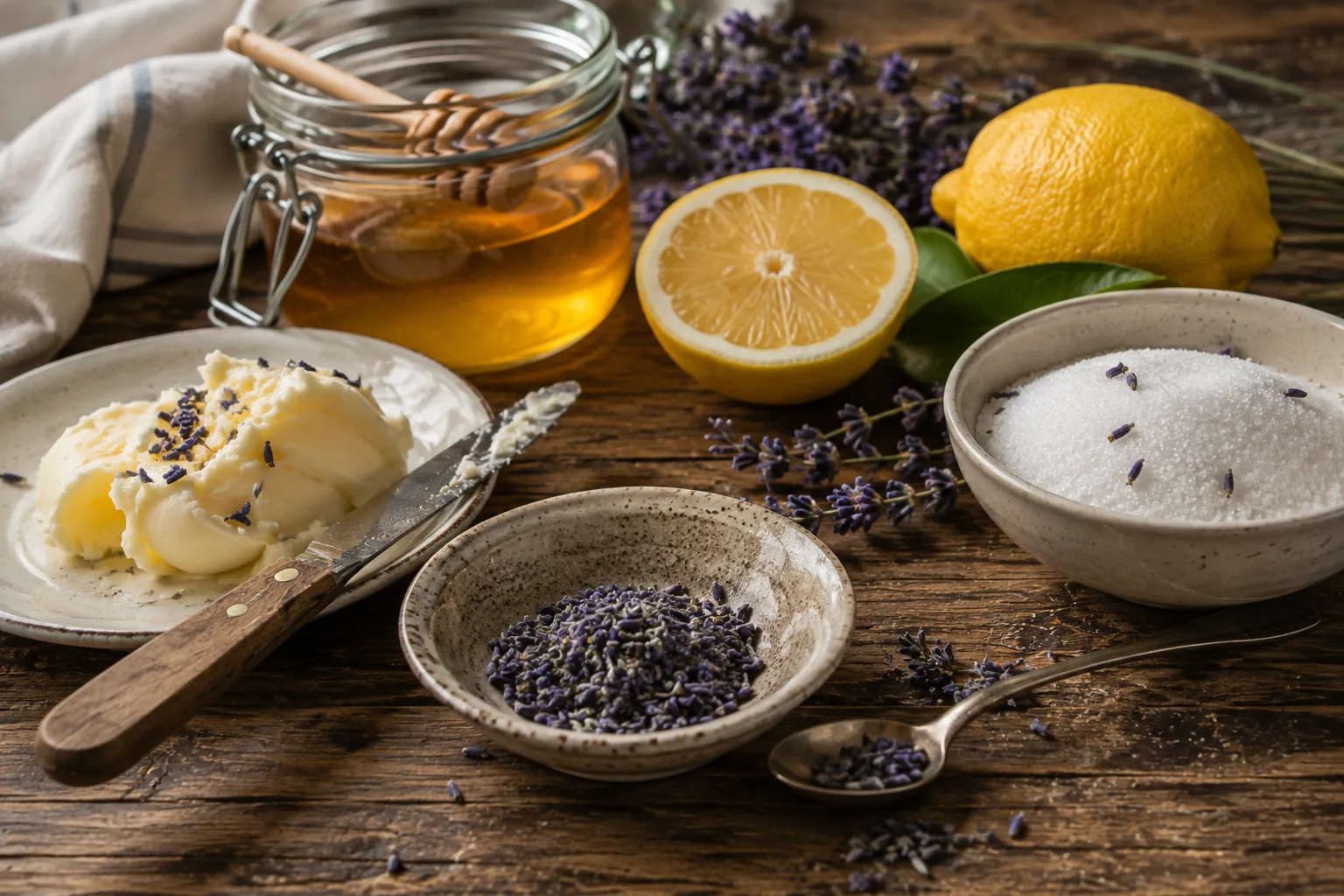 Lavanda alimentare con miele, limone, burro e zucchero