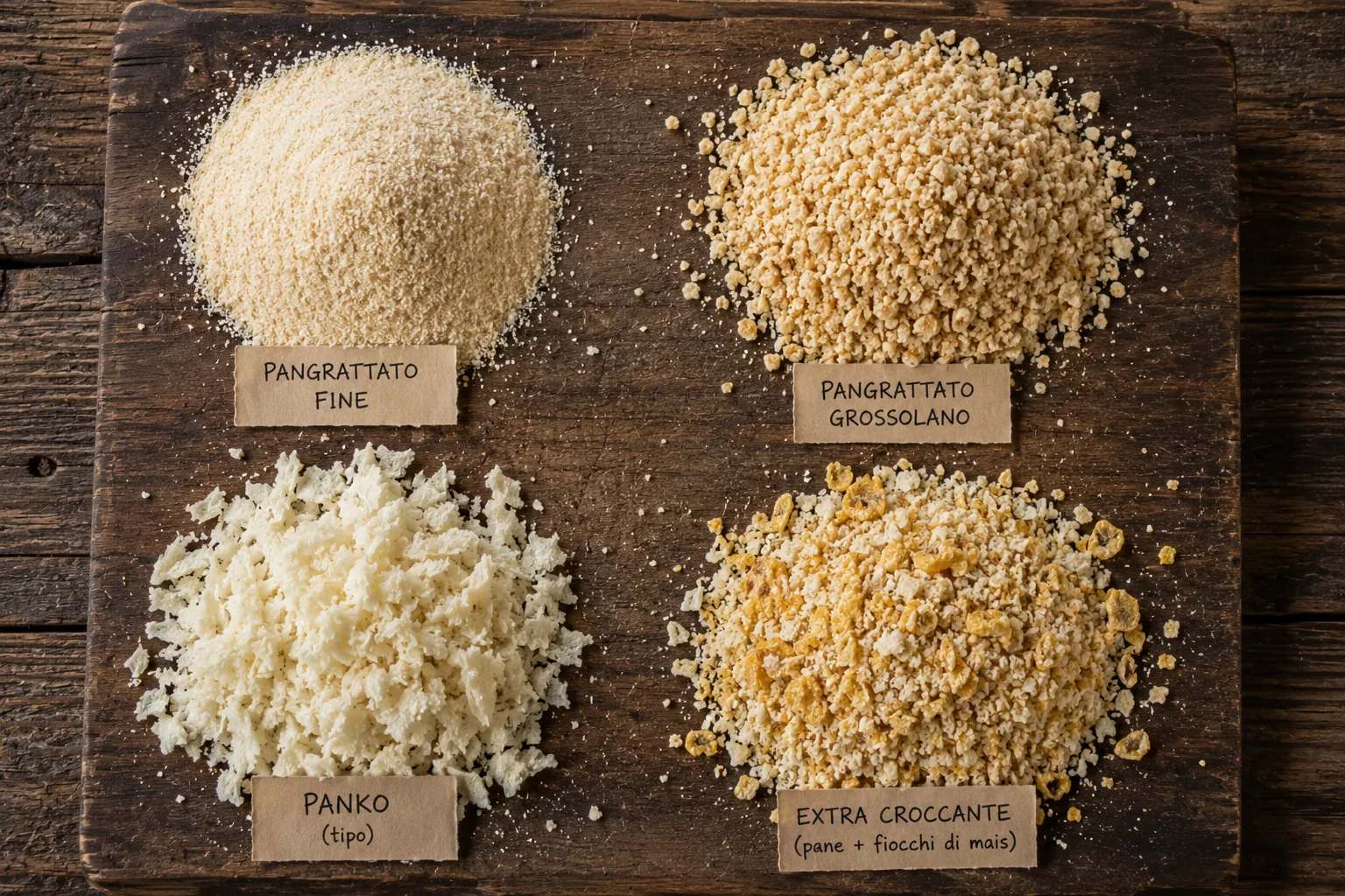 Confronto tra pangrattato fine, grossolano, fiocchi tipo panko e panatura extra-croccante