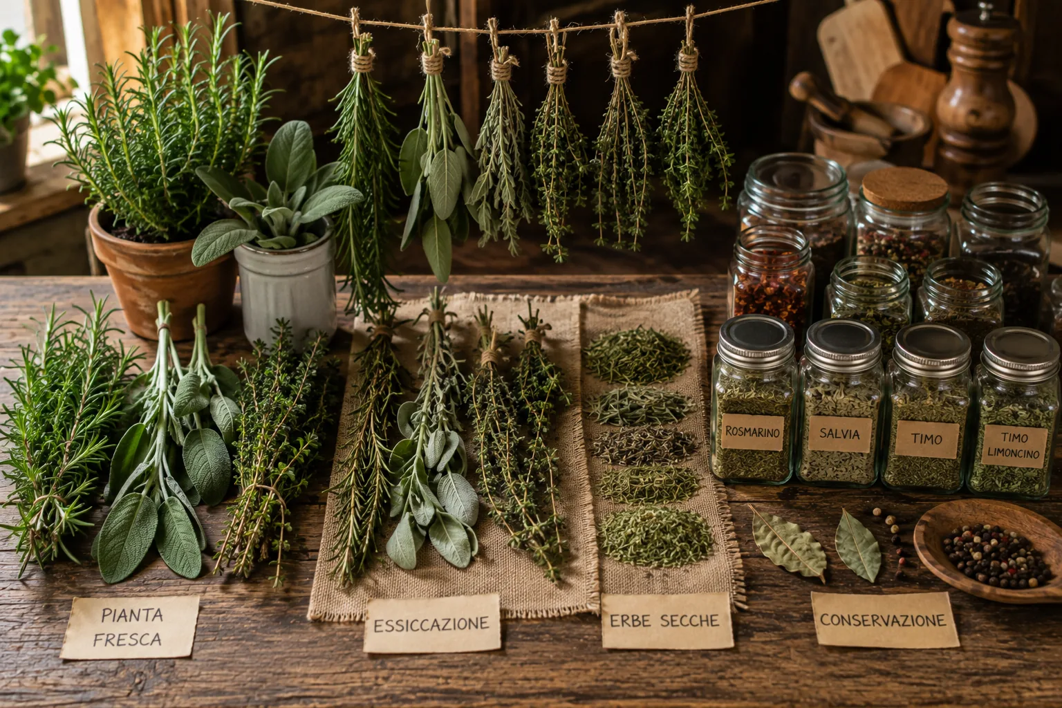 Rosmarino e salvia freschi, in essiccazione e conservati in barattolo