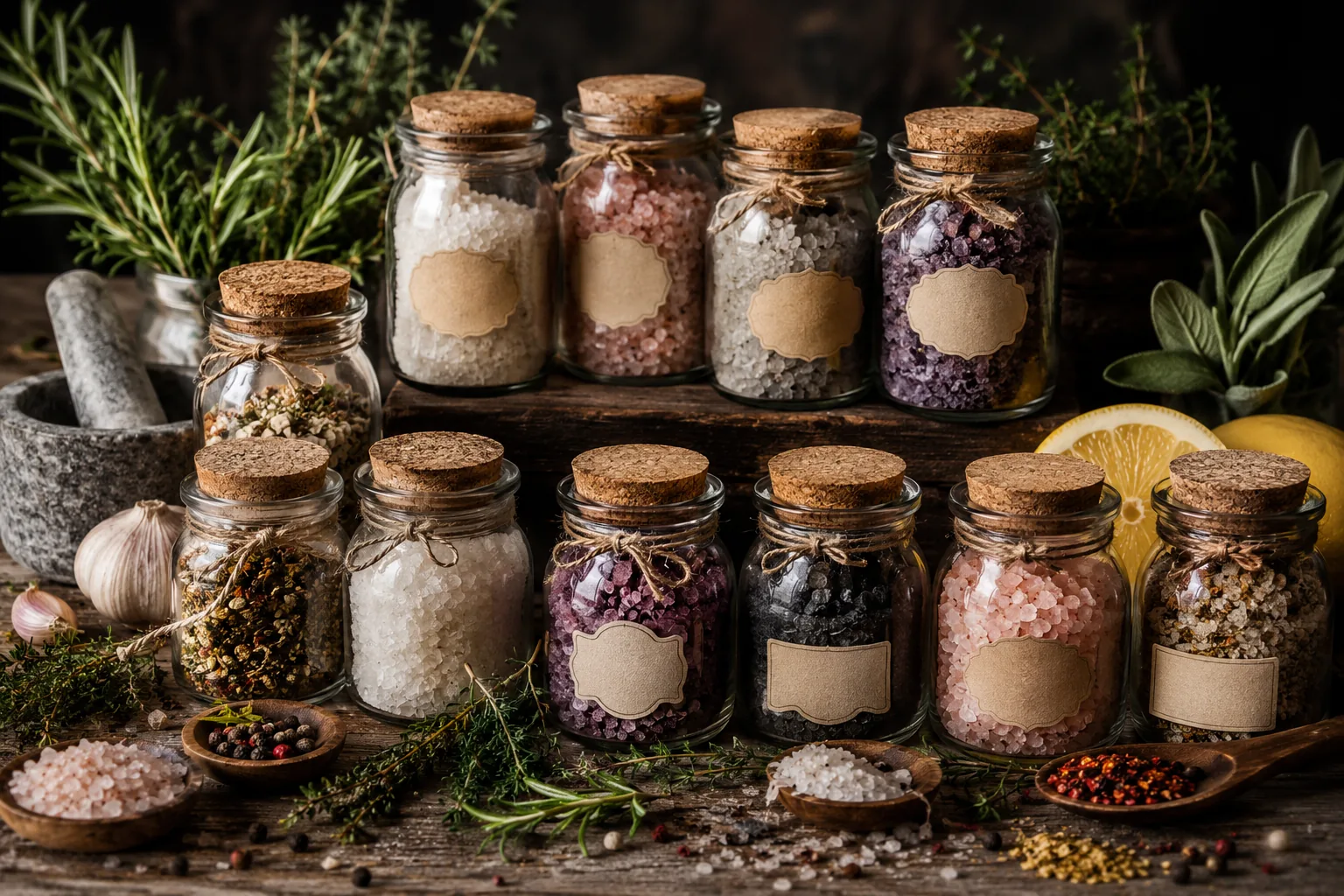 Barattoli di sali diversi e miscele aromatiche con erbe, limone e mortaio